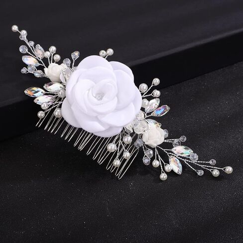 Teyglen Wedding Crystal Hair Side Comb Bridal Flower Hair Comb Floral White Pink Flower Headpieces Handmade Rhinestone Pearl Hair Pieces for Brides Women Girls (White) in Saudi Arabia