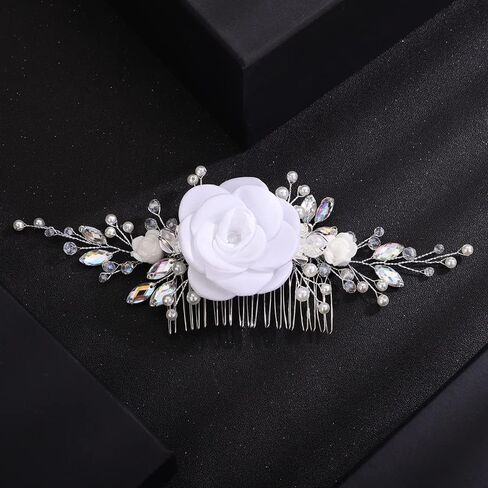 Teyglen Wedding Crystal Hair Side Comb Bridal Flower Hair Comb Floral White Pink Flower Headpieces Handmade Rhinestone Pearl Hair Pieces for Brides Women Girls (White) in Saudi Arabia