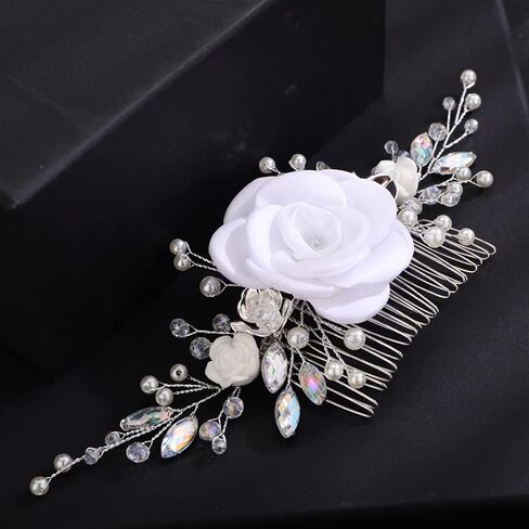 Teyglen Wedding Crystal Hair Side Comb Bridal Flower Hair Comb Floral White Pink Flower Headpieces Handmade Rhinestone Pearl Hair Pieces for Brides Women Girls (White) in Saudi Arabia