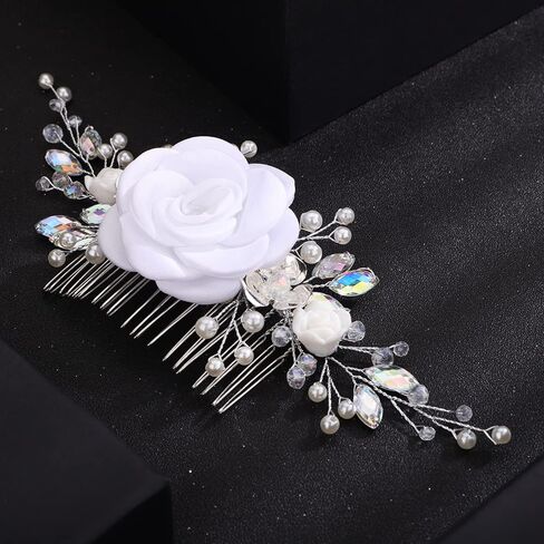 Teyglen Wedding Crystal Hair Side Comb Bridal Flower Hair Comb Floral White Pink Flower Headpieces Handmade Rhinestone Pearl Hair Pieces for Brides Women Girls (White) in Saudi Arabia