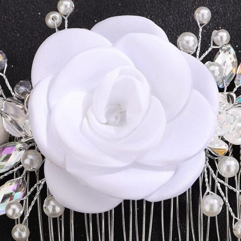 Teyglen Wedding Crystal Hair Side Comb Bridal Flower Hair Comb Floral White Pink Flower Headpieces Handmade Rhinestone Pearl Hair Pieces for Brides Women Girls (White) in Saudi Arabia