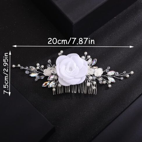 Teyglen Wedding Crystal Hair Side Comb Bridal Flower Hair Comb Floral White Pink Flower Headpieces Handmade Rhinestone Pearl Hair Pieces for Brides Women Girls (White) in Saudi Arabia