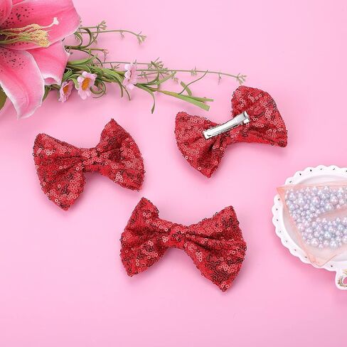 Sibba Glitter Hair Bows Clips 4 Packs Large Hair Pins Barrettes 4 Inch Red Sequins Sparkly Lace Nylon Mesh Alligator Ponytail Holder Valentines Day Easter Party School Accessories for Women Girl in Saudi Arabia