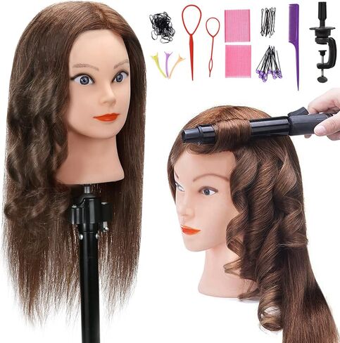 رأس تمثال عرض شعر بشري حقيقي 100% من سيلكي مع 9 أدوات ومشبك، رأس مانيكان لتدريب مصففي الشعر ورأس دمية علم التجميل لتصفيف الشعر والجدائل - بني داكن in Kuwait