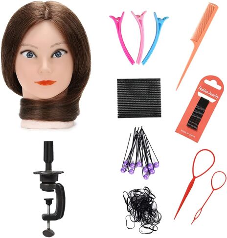 رأس تمثال عرض شعر بشري حقيقي 100% من سيلكي مع 9 أدوات ومشبك، رأس مانيكان لتدريب مصففي الشعر ورأس دمية علم التجميل لتصفيف الشعر والجدائل - بني داكن in Kuwait