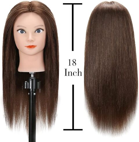 رأس تمثال عرض شعر بشري حقيقي 100% من سيلكي مع 9 أدوات ومشبك، رأس مانيكان لتدريب مصففي الشعر ورأس دمية علم التجميل لتصفيف الشعر والجدائل - بني داكن in Kuwait