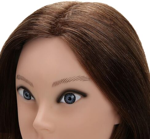 رأس تمثال عرض شعر بشري حقيقي 100% من سيلكي مع 9 أدوات ومشبك، رأس مانيكان لتدريب مصففي الشعر ورأس دمية علم التجميل لتصفيف الشعر والجدائل - بني داكن in Kuwait