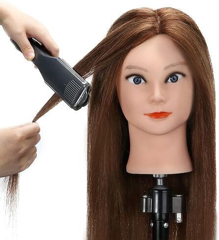 رأس تمثال عرض شعر بشري حقيقي 100% من سيلكي مع 9 أدوات ومشبك، رأس مانيكان لتدريب مصففي الشعر ورأس دمية علم التجميل لتصفيف الشعر والجدائل - بني داكن in Kuwait