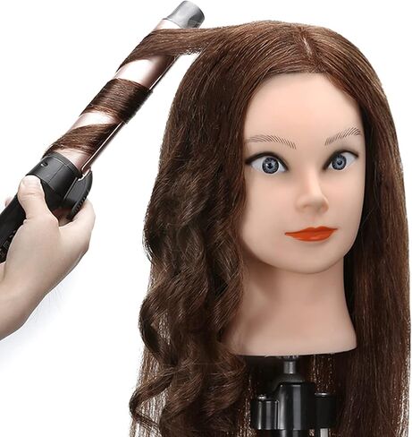 رأس تمثال عرض شعر بشري حقيقي 100% من سيلكي مع 9 أدوات ومشبك، رأس مانيكان لتدريب مصففي الشعر ورأس دمية علم التجميل لتصفيف الشعر والجدائل - بني داكن in Kuwait