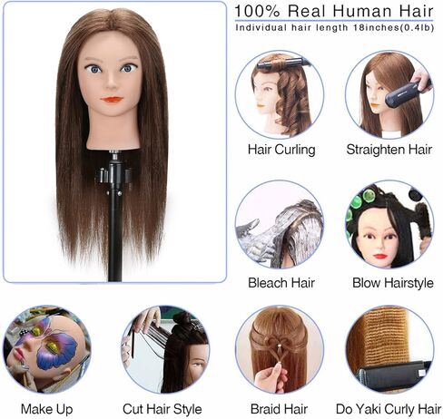 رأس تمثال عرض شعر بشري حقيقي 100% من سيلكي مع 9 أدوات ومشبك، رأس مانيكان لتدريب مصففي الشعر ورأس دمية علم التجميل لتصفيف الشعر والجدائل - بني داكن in Kuwait