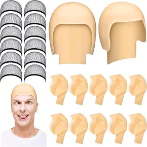 Chunyin 24 Pieces Halloween Bald Caps Makeup Latex Bald Head Wig Cap Set Bald Hat Cosplay Black Mesh Weaving Hair Net for Adults Makeup Party Theme Costume Accessories, 7.5 inches in diameter in Saudi Arabia