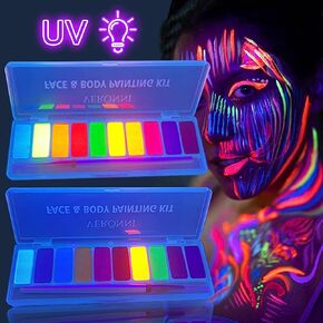 طلاء الوجه المتوهج بالأشعة فوق البنفسجية، قطعتان من لوحة ألوان النيون المنشط بالماء للوجه والجسم مكياج يتوهج في الظلام محدد عيون مائي لمكياج حفلات الهالوين in Kuwait