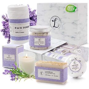 Spa Gift Set, Natural Coconut & Vanilla, Gift Box Includes: Bath Bomb, Bath Salt, Hand Soap, Scented Candle, Face Cloth and Gift Box. Best Gift for Her. in Saudi Arabia