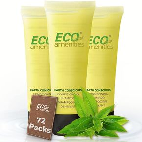 شامبو مرطب بحجم السفر من Eco Amenities - 72 عبوة، أنابيب صغيرة بوزن 1 أونصة مع أغطية قابلة للطي، رائحة الشاي الأخضر، علبة كبيرة من أدوات الزينة ذات الحجم التجريبي، عينات للعناية بالشعر معبأة بشكل فردي، زجاجات شامبو وبلسم صغيرة 2 في 1 لضيوف Airbnbs، عملات  in Kuwait