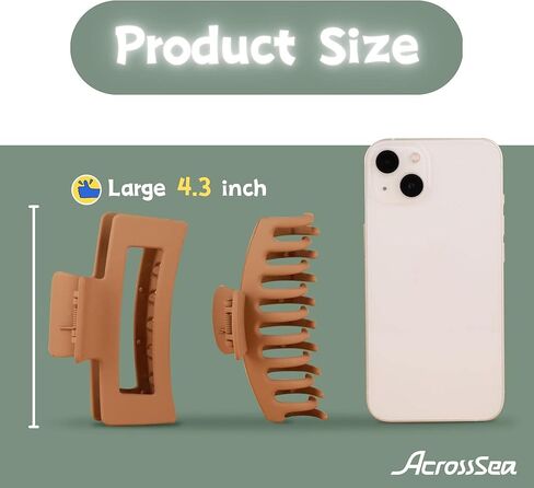 8 مشابك شعر من AcrossSea مقاس 4.3 سم للنساء والفتيات، مشابك شعر كبيرة، مشابك شعر مخلب قوية غير لامعة للنساء للشعر السميك والشعر الرقيق، مشابك فك التسعينات (كريمي، كاكي، أخضر، أسود) in Kuwait