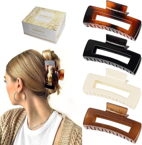 AIMIKE مشابك شعر كبيرة بمقاس 4.1 بوصة، مشابك شعر مخلب أكريليك للشعر السميك، مشابك فك مستطيلة قوية للشعر الرقيق، مشابك شعر كبيرة بتصميم فرنسي للنساء والفتيات - مشبك غير قابل للانزلاق (4 قطع) in Kuwait