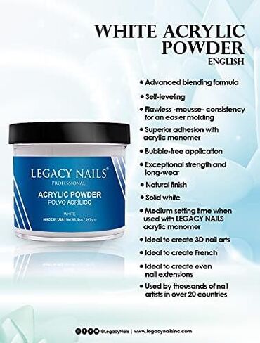 Legacy Nails Professional Crystal Clear Acrylic Powder, Net Wt. 8 oz. - Mix With Glitter, Pigment and Create Custom Acrylic Nail Extension Colors in Kuwait