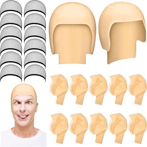 Chunyin 24 Pieces Halloween Bald Caps Makeup Latex Bald Head Wig Cap Set Bald Hat Cosplay Black Mesh Weaving Hair Net for Adults Makeup Party Theme Costume Accessories, 7.5 inches in diameter in Saudi Arabia