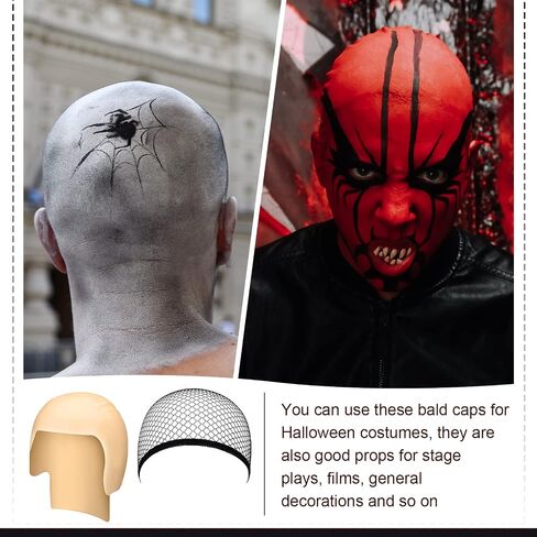 Chunyin 24 Pieces Halloween Bald Caps Makeup Latex Bald Head Wig Cap Set Bald Hat Cosplay Black Mesh Weaving Hair Net for Adults Makeup Party Theme Costume Accessories, 7.5 inches in diameter in Saudi Arabia