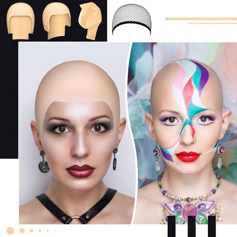 Chunyin 24 Pieces Halloween Bald Caps Makeup Latex Bald Head Wig Cap Set Bald Hat Cosplay Black Mesh Weaving Hair Net for Adults Makeup Party Theme Costume Accessories, 7.5 inches in diameter in Saudi Arabia