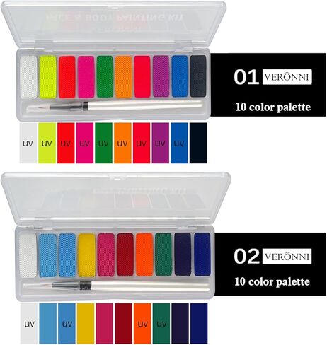 طلاء الوجه المتوهج بالأشعة فوق البنفسجية، قطعتان من لوحة ألوان النيون المنشط بالماء للوجه والجسم مكياج يتوهج في الظلام محدد عيون مائي لمكياج حفلات الهالوين in Kuwait