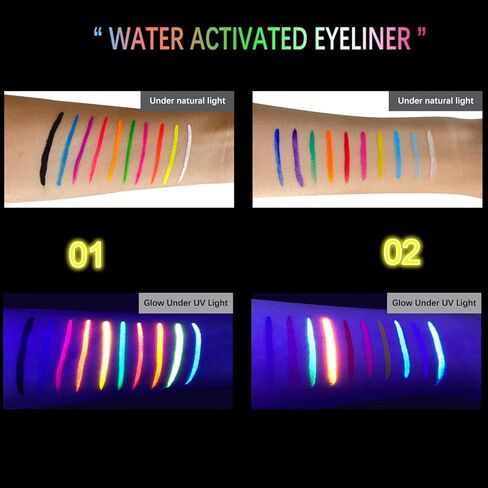 طلاء الوجه المتوهج بالأشعة فوق البنفسجية، قطعتان من لوحة ألوان النيون المنشط بالماء للوجه والجسم مكياج يتوهج في الظلام محدد عيون مائي لمكياج حفلات الهالوين in Kuwait