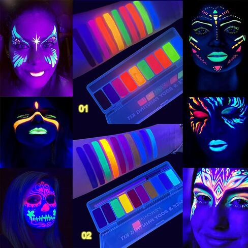 طلاء الوجه المتوهج بالأشعة فوق البنفسجية، قطعتان من لوحة ألوان النيون المنشط بالماء للوجه والجسم مكياج يتوهج في الظلام محدد عيون مائي لمكياج حفلات الهالوين in Kuwait
