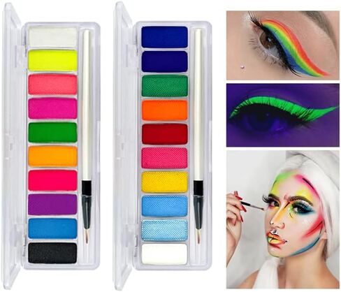 طلاء الوجه المتوهج بالأشعة فوق البنفسجية، قطعتان من لوحة ألوان النيون المنشط بالماء للوجه والجسم مكياج يتوهج في الظلام محدد عيون مائي لمكياج حفلات الهالوين in Kuwait