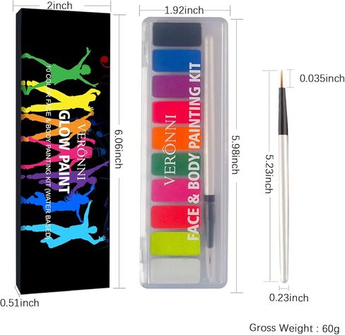 طلاء الوجه المتوهج بالأشعة فوق البنفسجية، قطعتان من لوحة ألوان النيون المنشط بالماء للوجه والجسم مكياج يتوهج في الظلام محدد عيون مائي لمكياج حفلات الهالوين in Kuwait