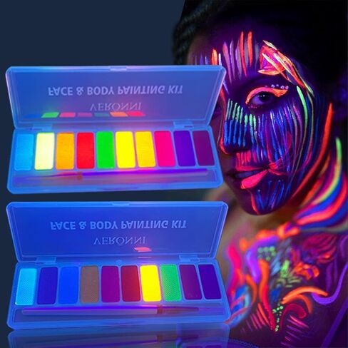 طلاء الوجه المتوهج بالأشعة فوق البنفسجية، قطعتان من لوحة ألوان النيون المنشط بالماء للوجه والجسم مكياج يتوهج في الظلام محدد عيون مائي لمكياج حفلات الهالوين in Kuwait