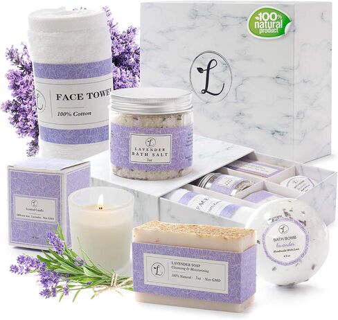 Spa Gift Set, Natural Coconut & Vanilla, Gift Box Includes: Bath Bomb, Bath Salt, Hand Soap, Scented Candle, Face Cloth and Gift Box. Best Gift for Her. in Saudi Arabia