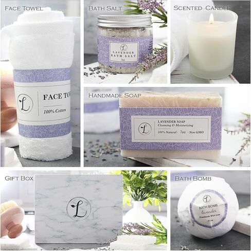 Spa Gift Set, Natural Coconut & Vanilla, Gift Box Includes: Bath Bomb, Bath Salt, Hand Soap, Scented Candle, Face Cloth and Gift Box. Best Gift for Her. in Saudi Arabia