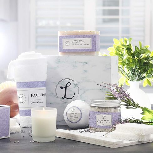 Spa Gift Set, Natural Coconut & Vanilla, Gift Box Includes: Bath Bomb, Bath Salt, Hand Soap, Scented Candle, Face Cloth and Gift Box. Best Gift for Her. in Saudi Arabia