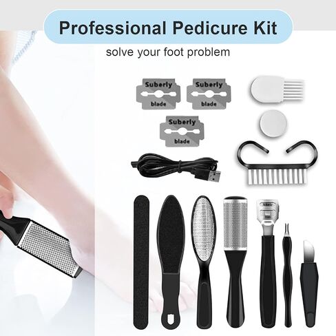 BOMPOW Electric Foot File with 3 Roller Heads and Pedicure Tool Set for Dry Dead and Cracked Feet Hard Skin Remover for Feet Black in Saudi Arabia