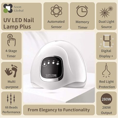 Soon Global UV Nail Lamp, 280W UV Light for Nails Fast Curing Gel Nail Polish with 4 Timers and LCD Display, Professional LED Nail Dryer with Auto Sensor, 66 Lamp Beads in Kuwait