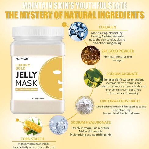Jelly Mask for Facial Professional - 24K Gold Anti-Aging & Firming Hydrojelly Mask Powder, Hydrating Brighten Jelly Face Mask Skin Care, Natural Gel Peel Off Mask for Spa Salon Vajacial Mask 17.6Fl Oz in Kuwait