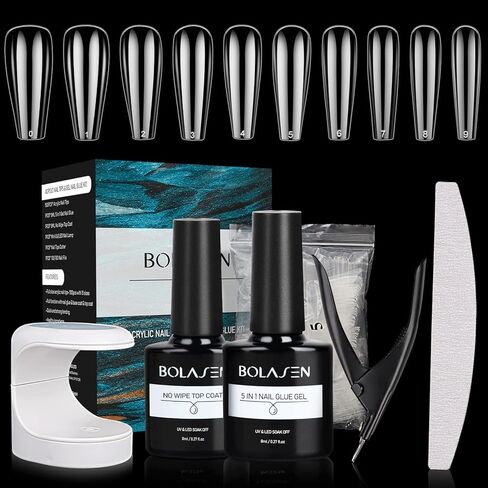 BOLASEN Nail Tips and Glue Gel Kit - Gel x Nail Kit 500PCS Coffin Nail Tips, Portable UV LED Lamp, 8ml 5-in-1 Nail Glue Gel, Top Coat & DIY Art Tools, Professional Nail Extension Kit in Saudi Arabia