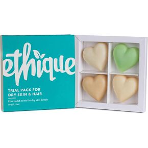 مجموعة إيثيك التجريبية للبشرة الجافة والشعر - شامبو وبلسم ومنظف للوجه وزبدة الجسم - خالية من البلاستيك، نباتية، لم يتم الإساءة إلى الحيوانات في تصنيعها، صديقة للبيئة، 4 ألواح سفر، 2.12 أونصة in Kuwait