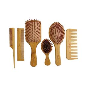 6 in 1 Wooden Natural Bamboo Detangling Hair Brush and Comb Set by BeaverStrong (Natural Wood) in Saudi Arabia