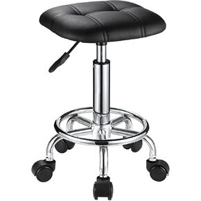 Square PU Cushion Rolling Stool with Wheels Height Adjustable Swivel Stools Office Chair Black