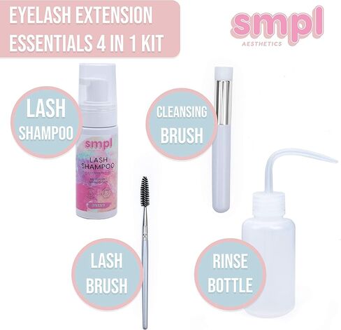 SMPL Aesthetics Eyelash Extension Cleanser، شامبو الرموش، منظف الرموش للتمديدات، فرشاة الرموش، زجاجة شطف، حمام الرموش، كتاب إلكتروني مجاني حساس، بارابين، خالي من الكبريتات، مزيل مكياج، برايمر (طازج) in Kuwait