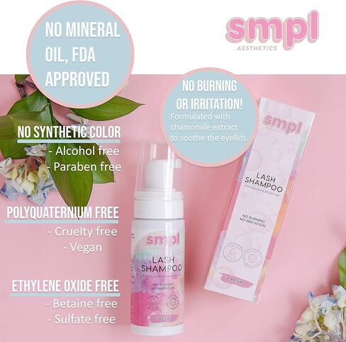 SMPL Aesthetics Eyelash Extension Cleanser، شامبو الرموش، منظف الرموش للتمديدات، فرشاة الرموش، زجاجة شطف، حمام الرموش، كتاب إلكتروني مجاني حساس، بارابين، خالي من الكبريتات، مزيل مكياج، برايمر (طازج) in Kuwait