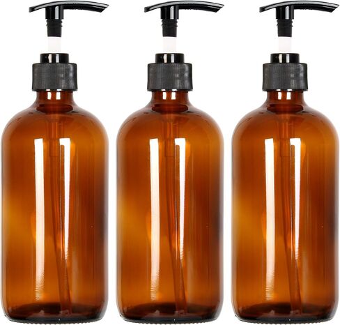 Youngever 3 Pack Empty Amber Glass Pump Bottles, 3 Pack 16 Ounce Pump Bottles, Soap Dispenser, Refillable Containers in Saudi Arabia