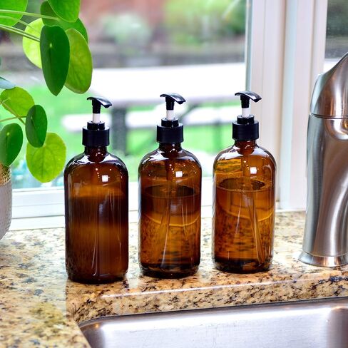 Youngever 3 Pack Empty Amber Glass Pump Bottles, 3 Pack 16 Ounce Pump Bottles, Soap Dispenser, Refillable Containers in Saudi Arabia