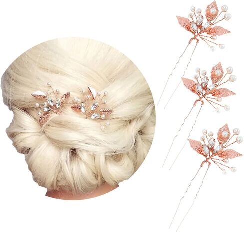 Unicra Bride Wedding Crystal Hair Pins Leaf Bridal Rose Gold Hair Pieces Wedding Pearl Hair Accessories for Women and Girls Pack of 3 in Saudi Arabia