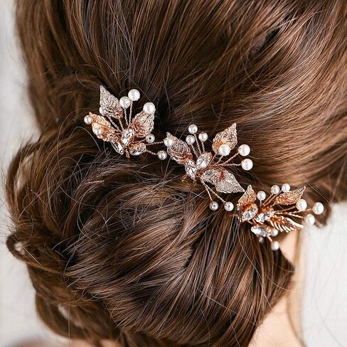 Unicra Bride Wedding Crystal Hair Pins Leaf Bridal Rose Gold Hair Pieces Wedding Pearl Hair Accessories for Women and Girls Pack of 3 in Saudi Arabia