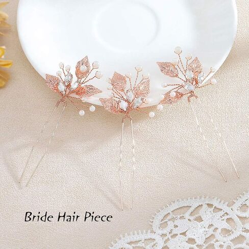 Unicra Bride Wedding Crystal Hair Pins Leaf Bridal Rose Gold Hair Pieces Wedding Pearl Hair Accessories for Women and Girls Pack of 3 in Saudi Arabia