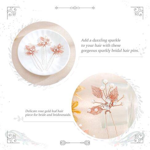 Unicra Bride Wedding Crystal Hair Pins Leaf Bridal Rose Gold Hair Pieces Wedding Pearl Hair Accessories for Women and Girls Pack of 3 in Saudi Arabia