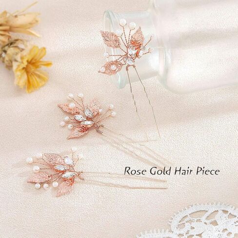 Unicra Bride Wedding Crystal Hair Pins Leaf Bridal Rose Gold Hair Pieces Wedding Pearl Hair Accessories for Women and Girls Pack of 3 in Saudi Arabia