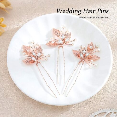 Unicra Bride Wedding Crystal Hair Pins Leaf Bridal Rose Gold Hair Pieces Wedding Pearl Hair Accessories for Women and Girls Pack of 3 in Saudi Arabia